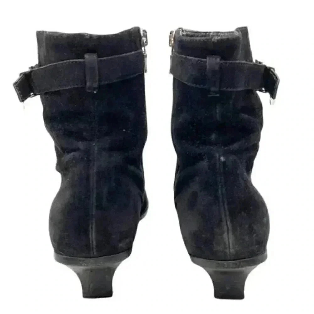 Prada Black Suede Pointed Toe French Kitten Heel Side Zip Ankle Boots Size 8 - Picture 10 of 15